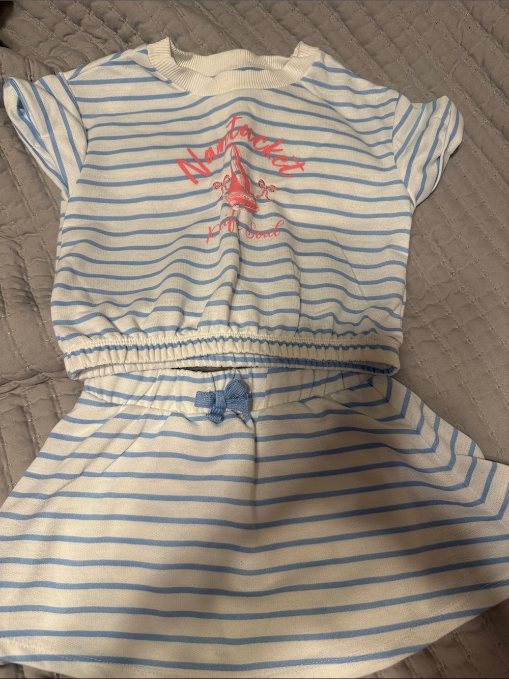 Derek Heart Blue and White Striped Two-Piece Set with Coral Graphic